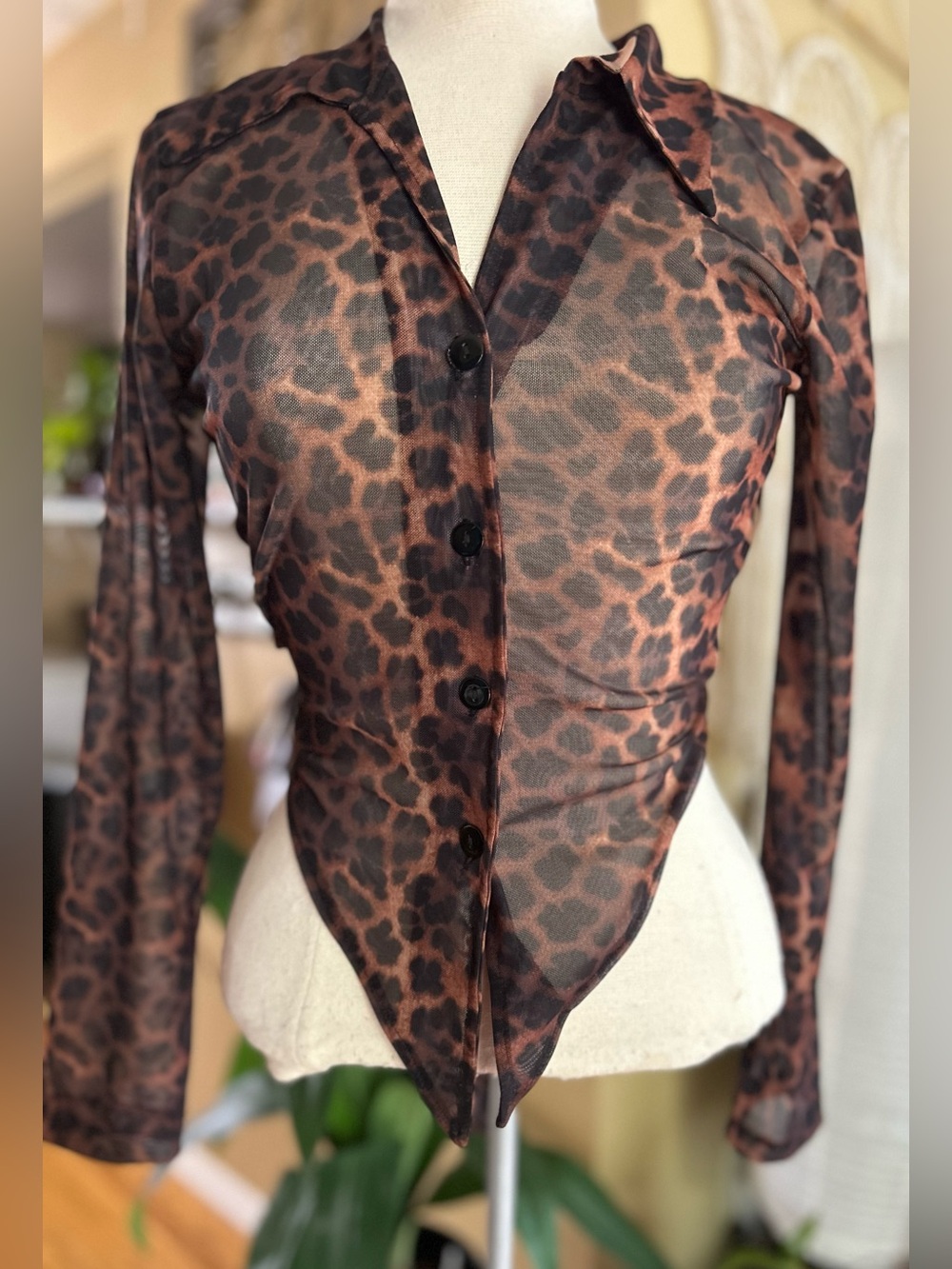Sheer Leopard Print Button-Front Women’s Top - Brown. Size tag removed.